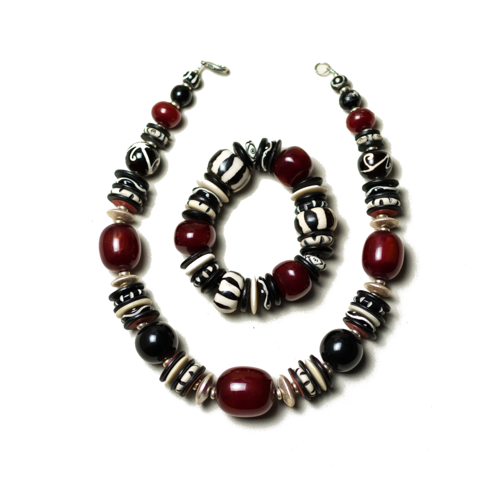 Camel Bone with Red Amber Necklace and Bracelet