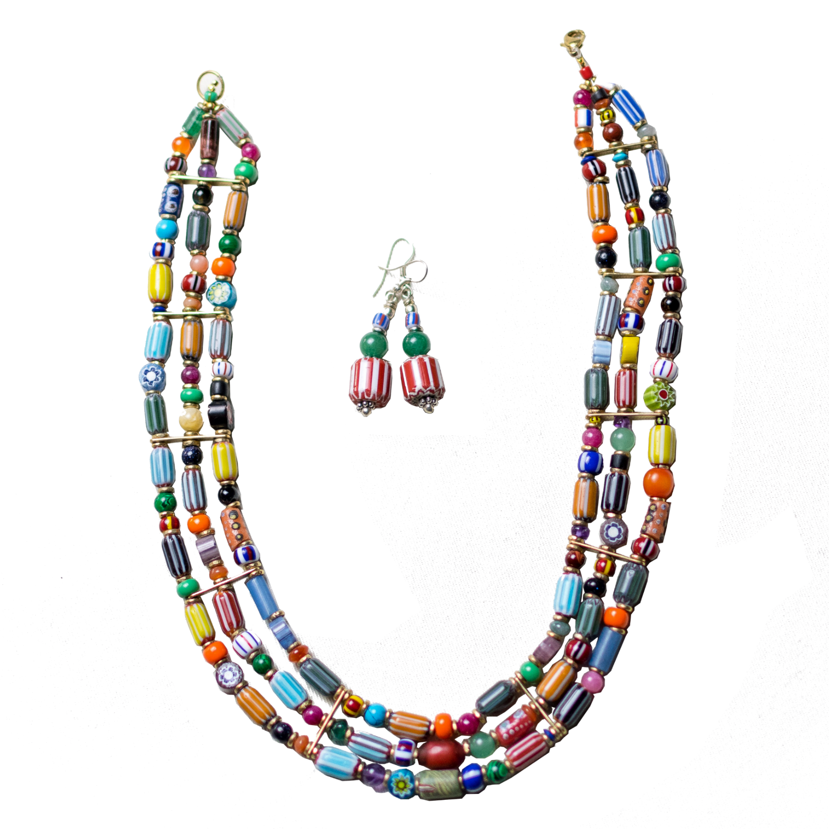 Mixed Bead 3 line Necklace & Earrings