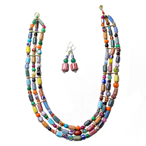 Mixed Bead 3 line Necklace & Earrings
